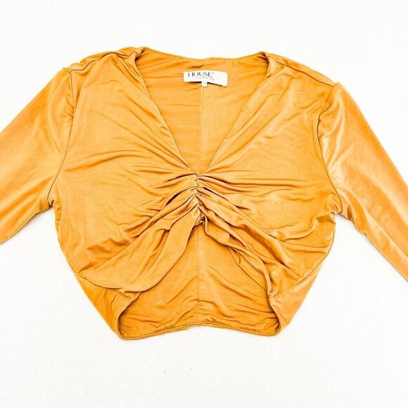 House of CB Tan Gold Bell Sleeve Cropped Dress Top Ruched Front Size XS - Picture 2 of 5